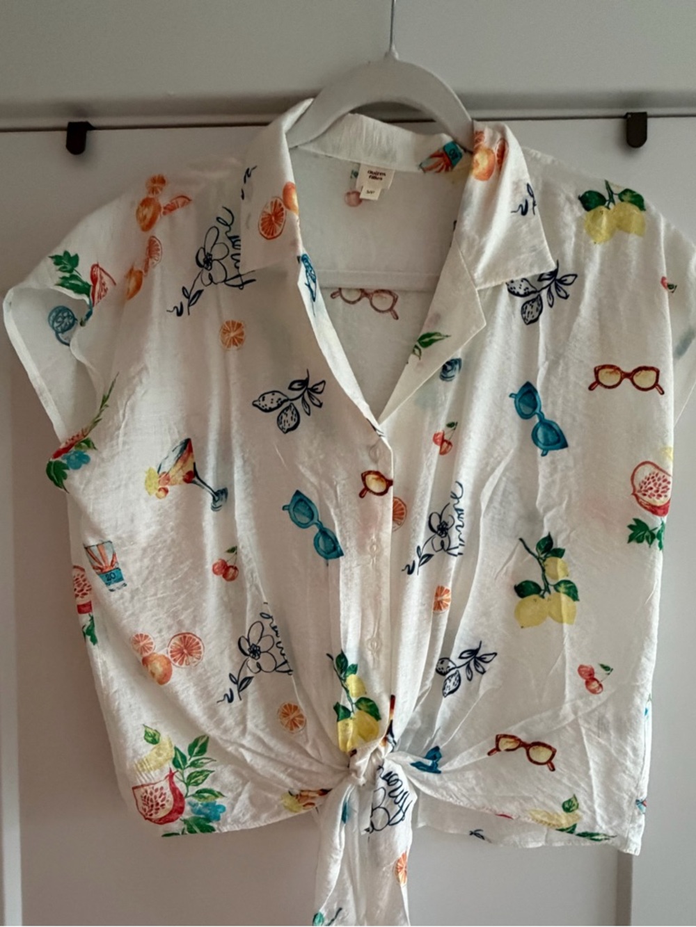 Women’s White Tie-Front Button Shirt with Colorful Fruit & Sunglasses Print